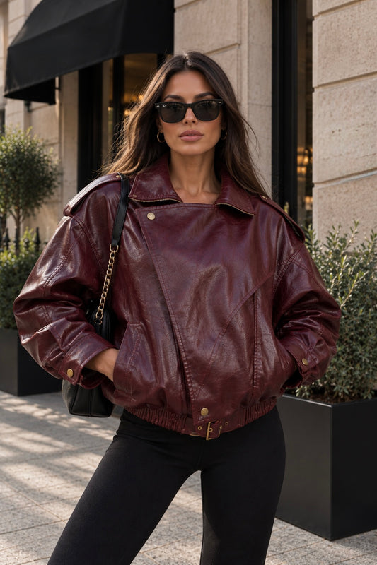 Damen Oversize Bikerjacke in Bordeaux