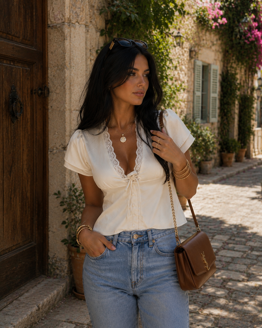 Creme Satin Bluse mit Spitze & Schleife