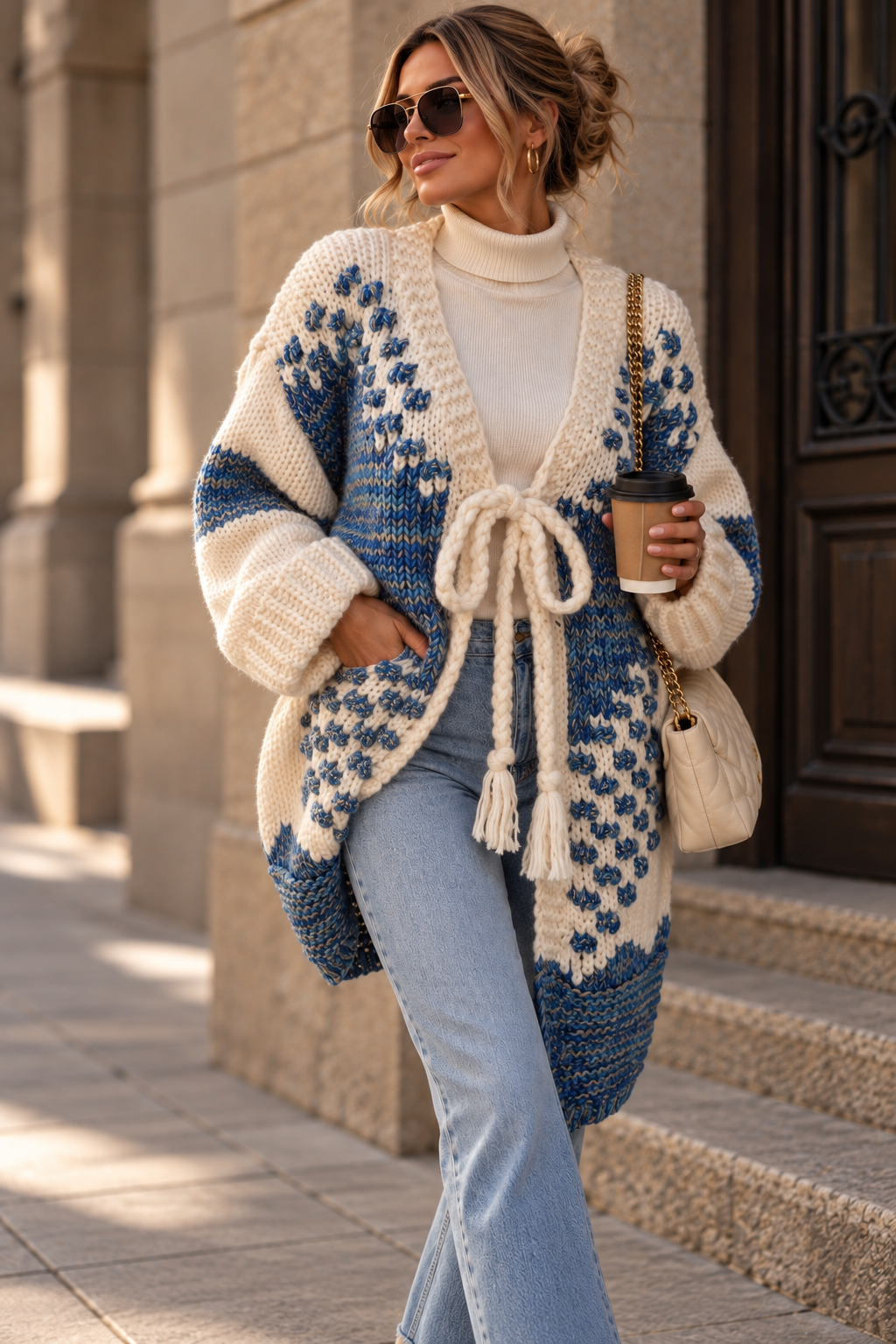Cozy Luxury – Oversize Strickcardigan mit Bindegürtel Creme-Blau & Creme-Braun