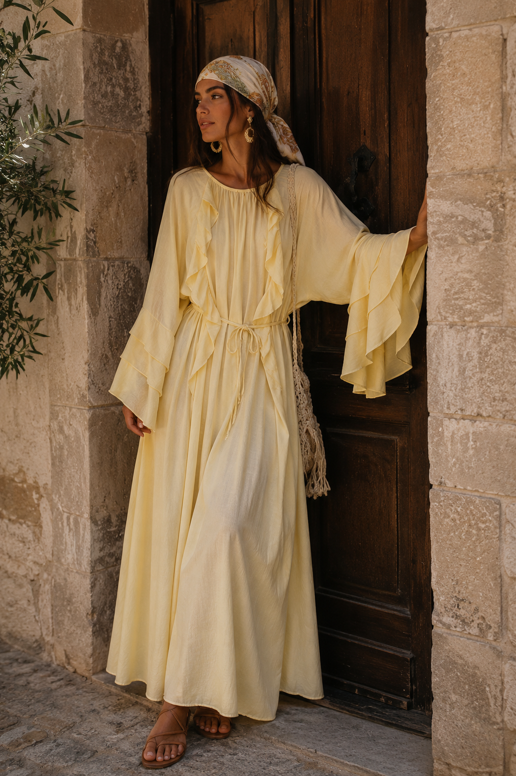 Volant Maxi Kleid mit Bindegürtel