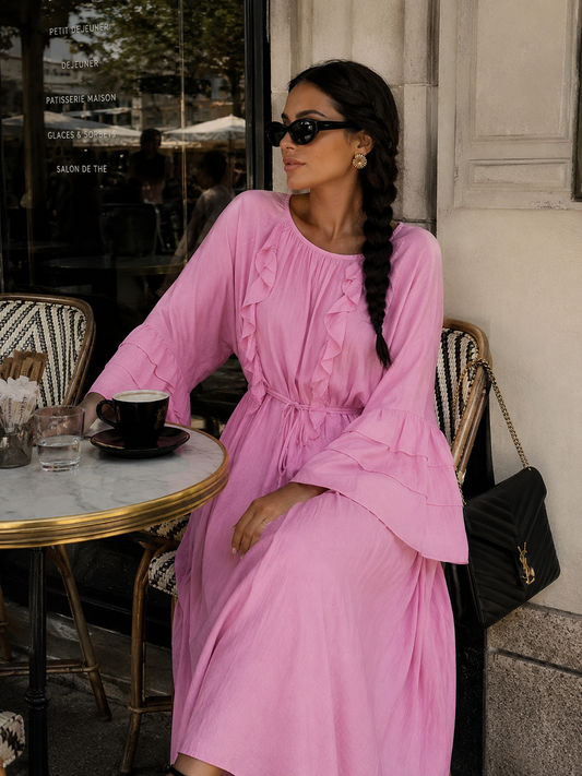 Volant Maxi Kleid mit Bindegürtel