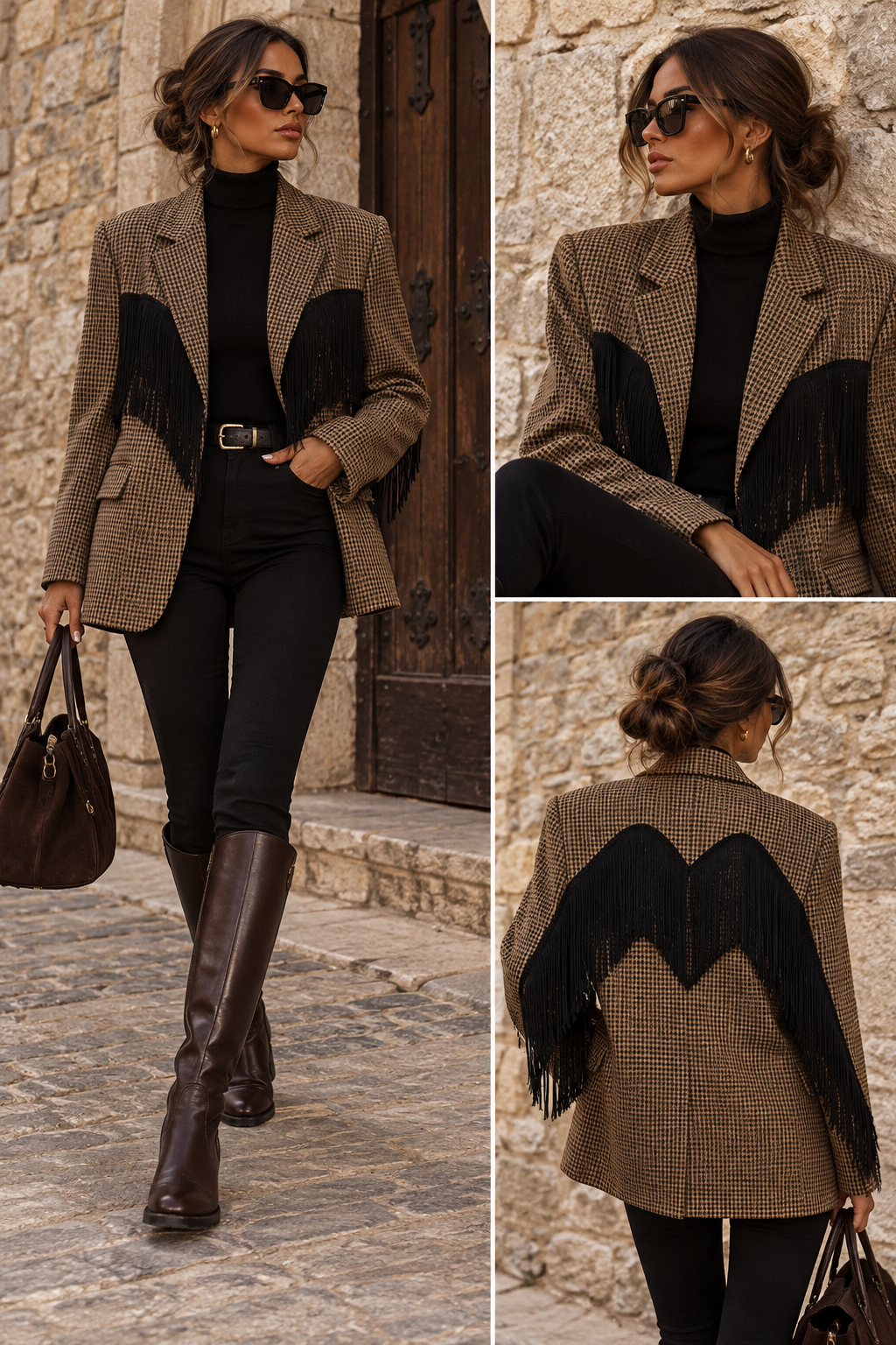 Western Chic Blazer – Karierter Oversize-Blazer mit Fransen in Braun/Schwarz