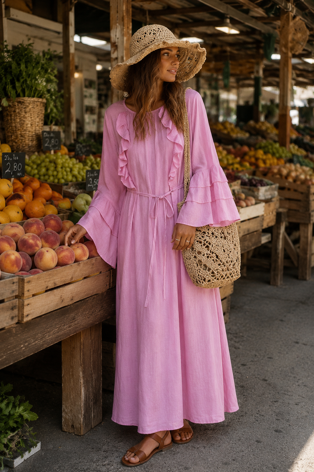 Volant Maxi Kleid mit Bindegürtel