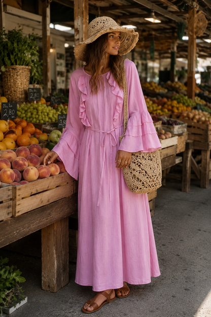 Volant Maxi Kleid mit Bindegürtel