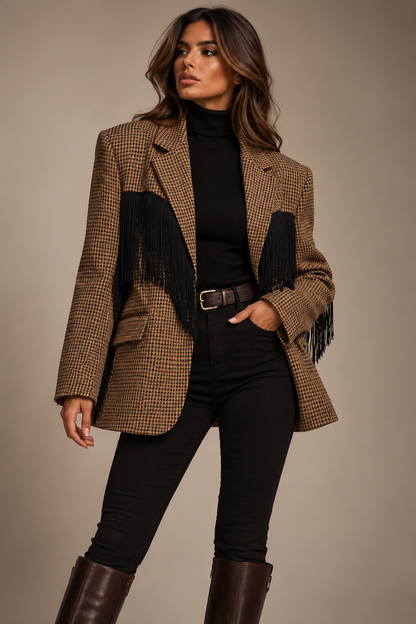 Western Chic Blazer – Karierter Oversize-Blazer mit Fransen in Braun/Schwarz