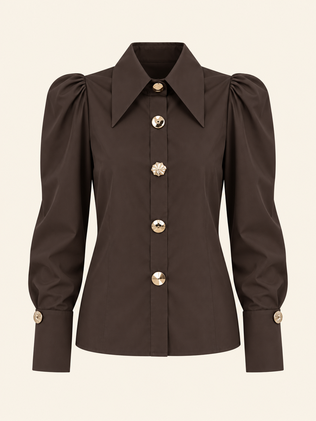 Damen Bluse in Dunkelbraun – Puffärmel & Statement-Knöpfe