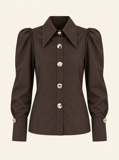 Damen Bluse in Dunkelbraun – Puffärmel & Statement-Knöpfe