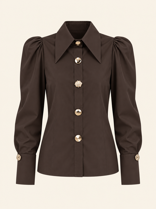 Damen Bluse in Dunkelbraun – Puffärmel & Statement-Knöpfe