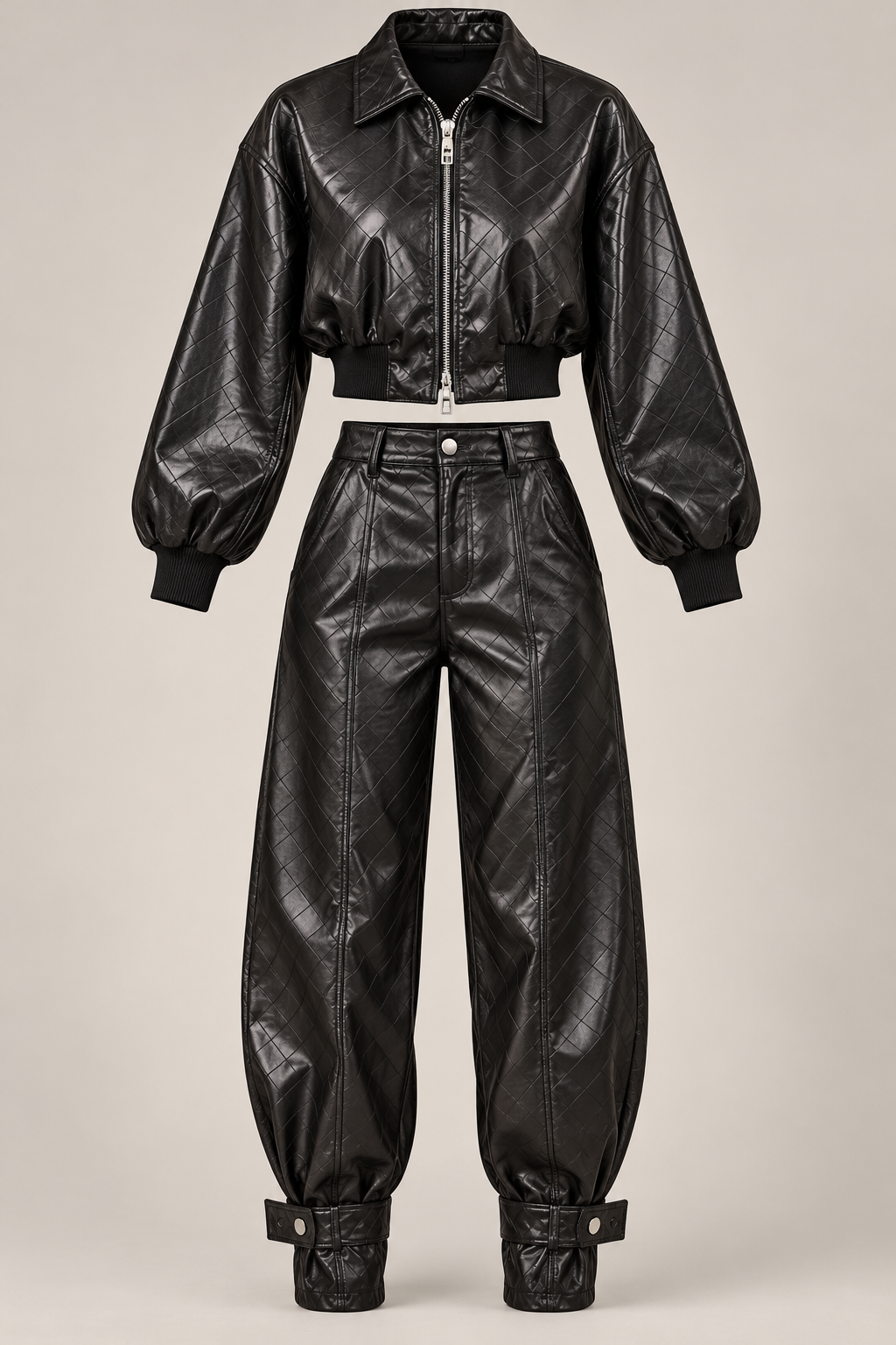Luxe Leather Look Set – Cropped Jacke & Wide Leg Hose in Schwarz
