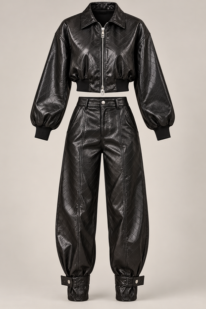 Luxe Leather Look Set – Cropped Jacke & Wide Leg Hose in Schwarz