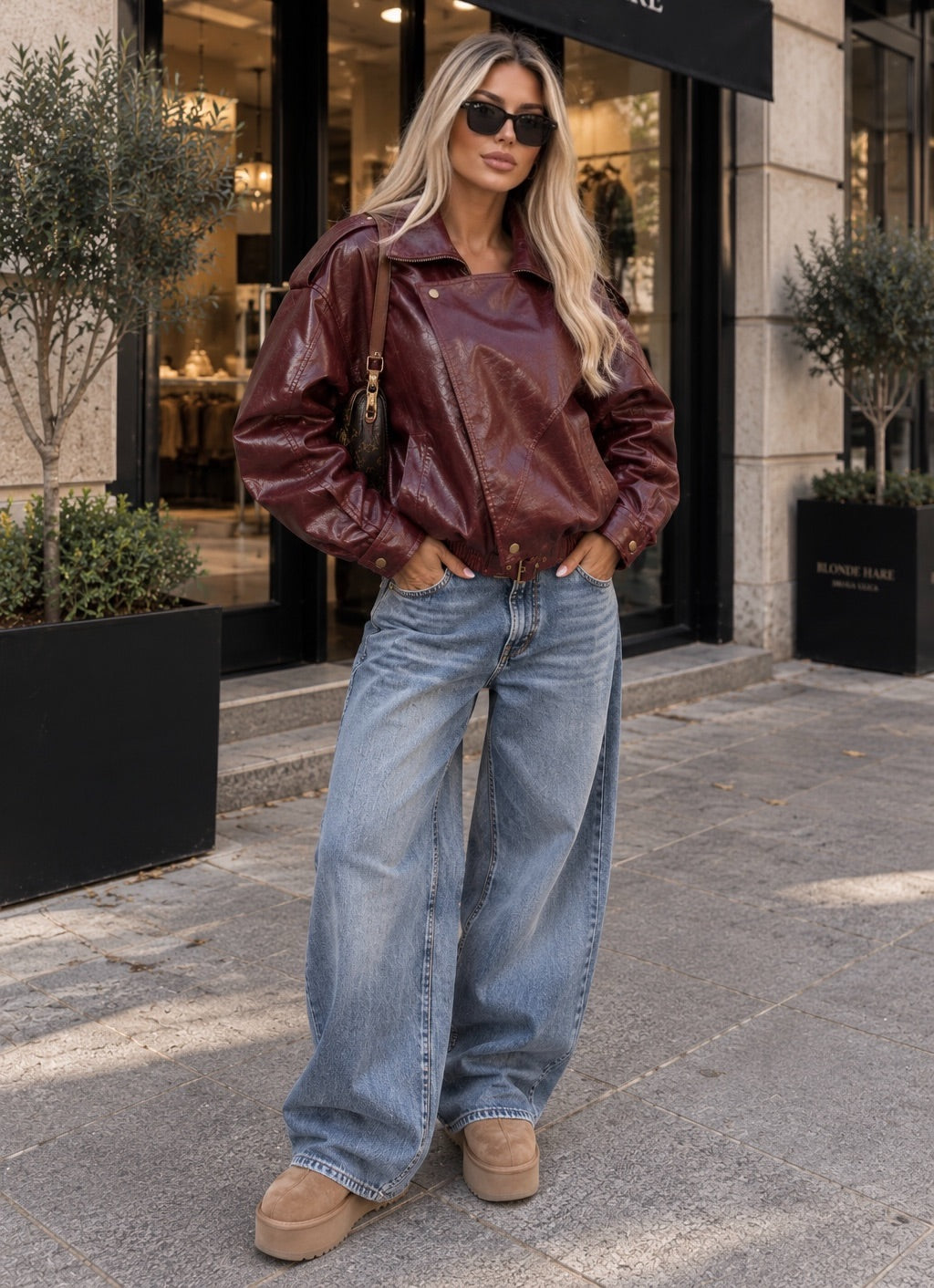 Damen Oversize Bikerjacke in Bordeaux