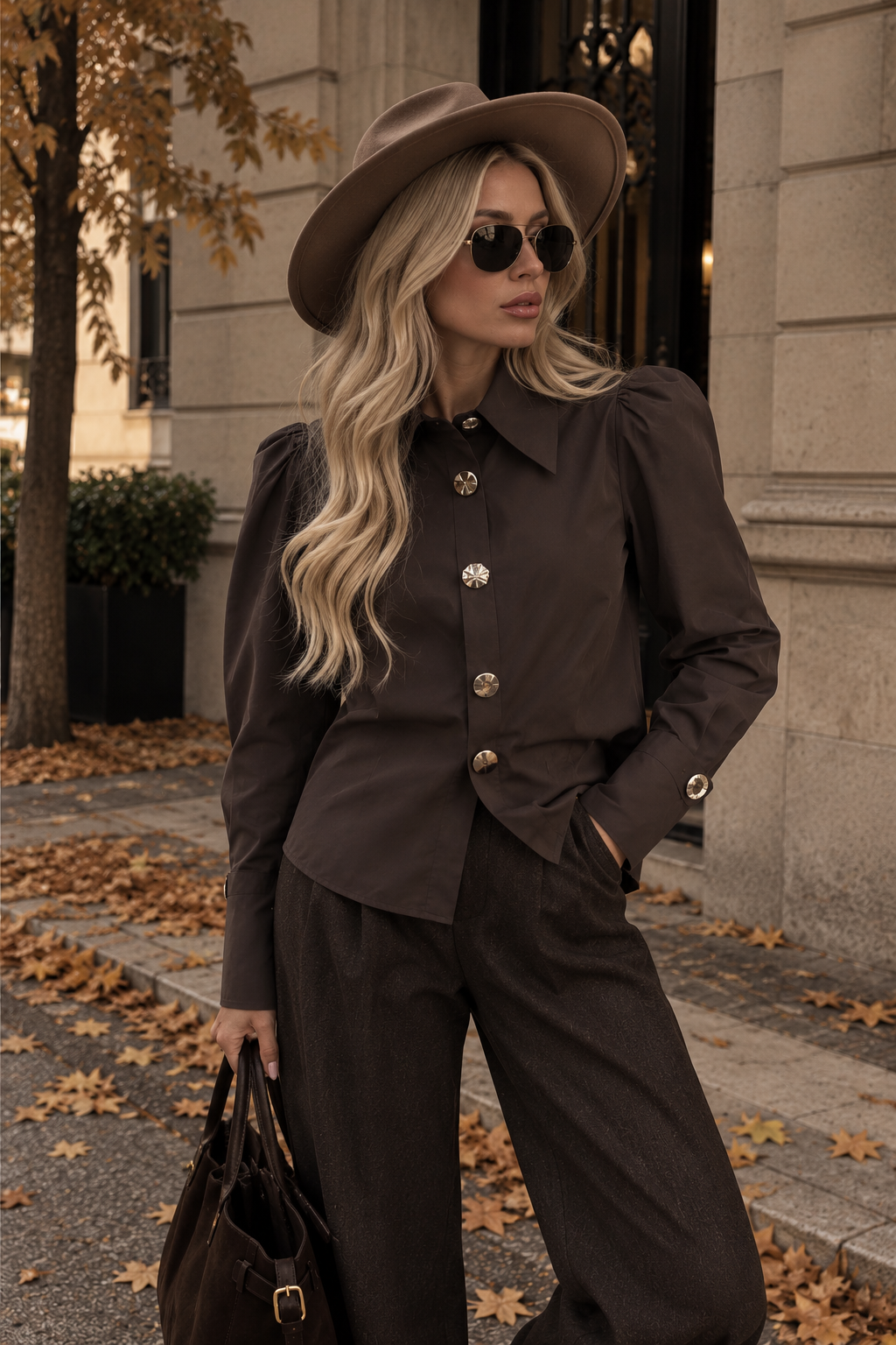 Damen Bluse in Dunkelbraun – Puffärmel & Statement-Knöpfe