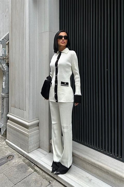 Zweiteiler-Set in Weiß mit schwarzen Akzenten