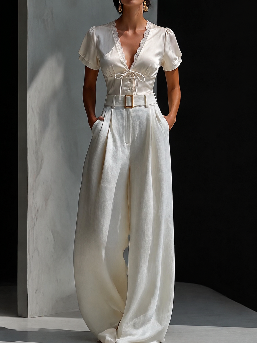Creme Satin Bluse mit Spitze & Schleife