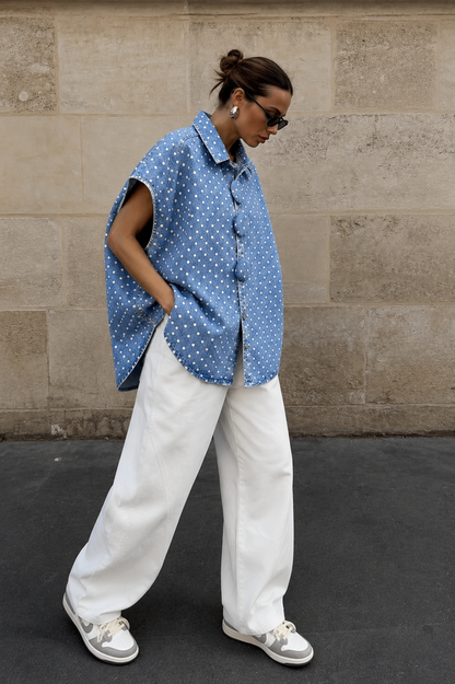 Oversize Jeansweste mit Polka Dots & Statement-Knöpfen