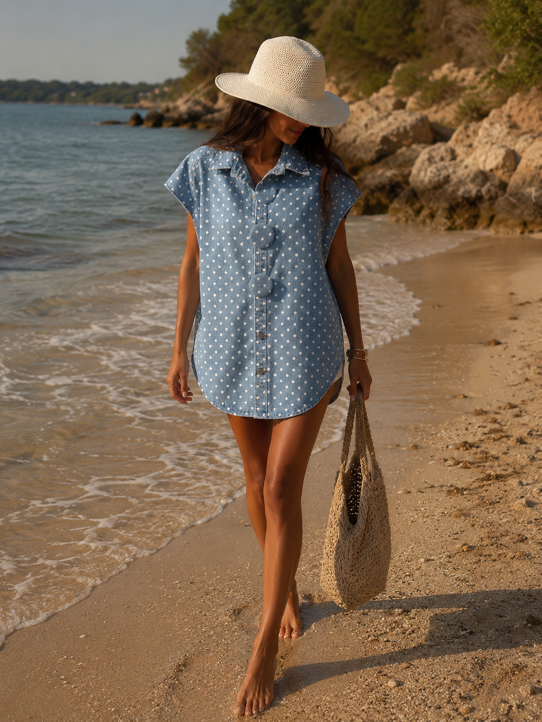 Oversize Jeansweste mit Polka Dots & Statement-Knöpfen