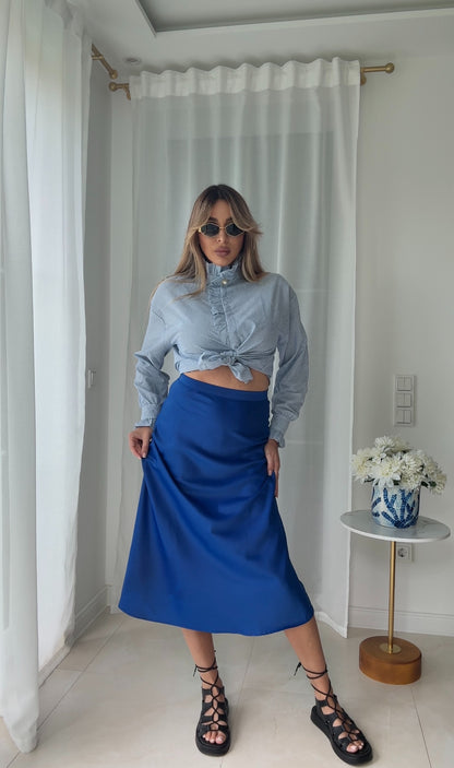La Chleá Satin Midi Skirt – Blue