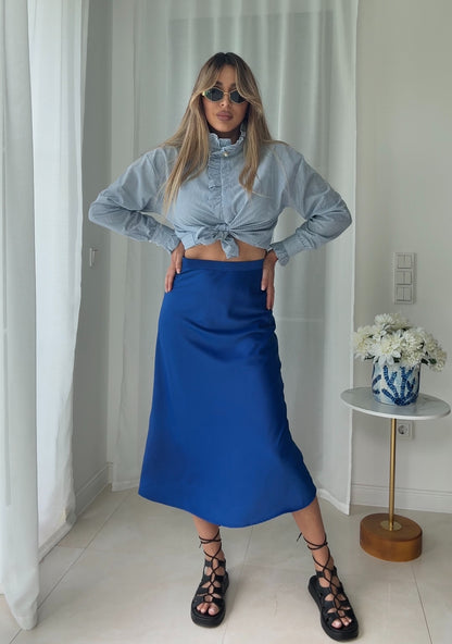 La Chleá Satin Midi Skirt – Blue