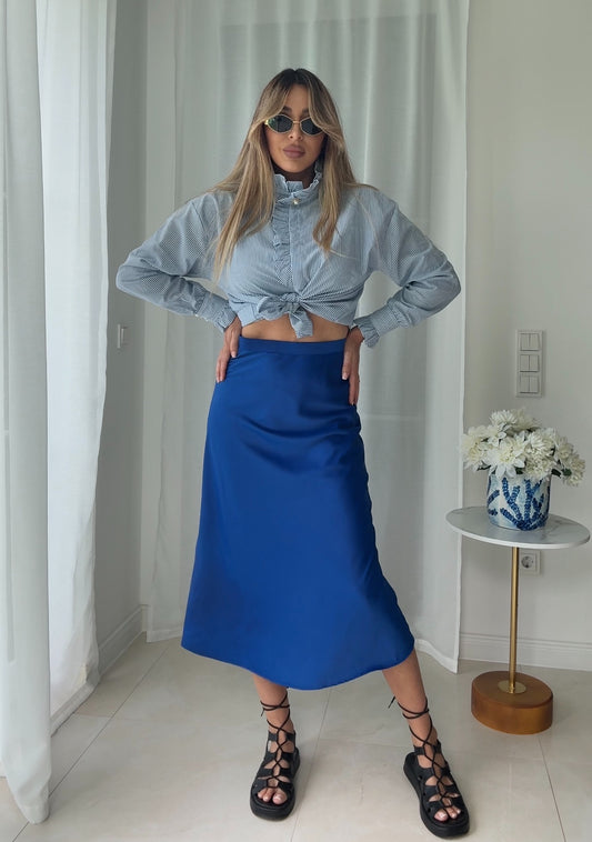 La Chleá Satin Midi Skirt – Blue