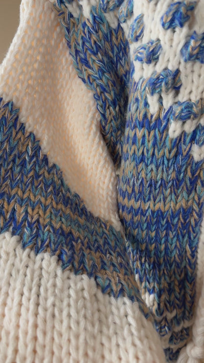Cozy Luxury – Oversize Strickcardigan mit Bindegürtel Creme-Blau & Creme-Braun